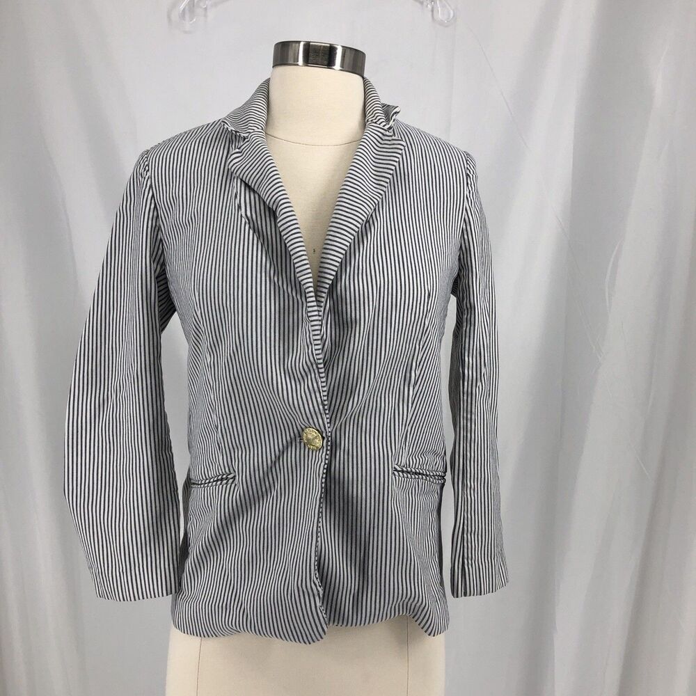 Anne Klein Navy White Striped Blazer w Shoulder Pads Size Small